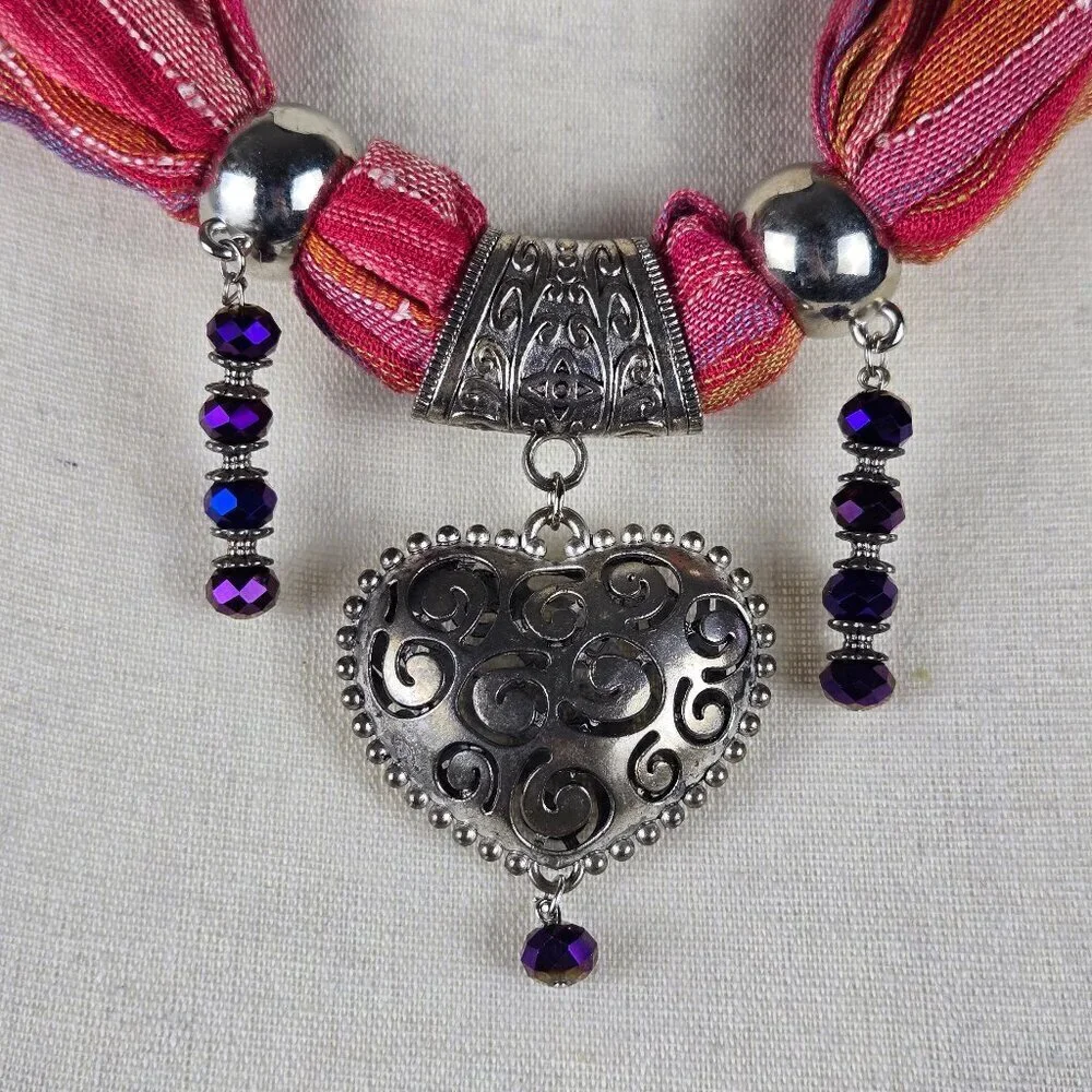 Pink Orange Striped Infiniti Style Versatile Scarf Silver/Purple Beaded Jewelry